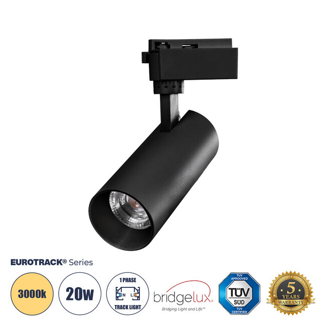 Globostar BEAMTRACK 60811 Μονοφασικό Φωτιστικό Σποτ Ράγας LED  20W 230V 2400lm 30° Acrylic HQ LENS AC 220-240V IP20 Φ6.2 x Υ15.8 cm Θερμό Λευκό 3000k - EUROTRACKSystem 1L+1N - Μαύρο - Bridgelux Chip - TUV Certified Driver - 5 Χρόνια Εγγύηση