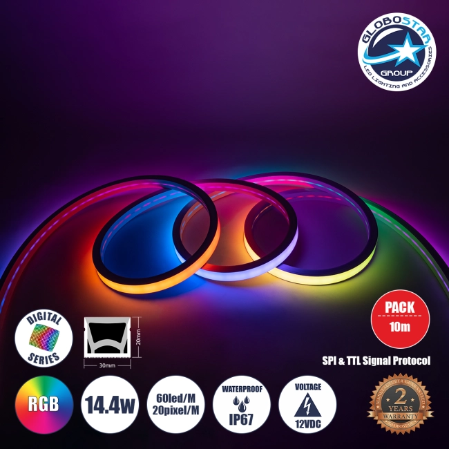 NEONIO 90754 Digital Pixel Addressable Neon Strip - Ψηφιακή Ταινία Neon Flex LED SMD 5050 14.4W/m 60LED/m 20PIXEL/m SPI/TTL Protocol IC SM16703P/WS2811/WS2812 864lm/m 90° DC 12V Αδιάβροχη IP67 Πολύχρωμη RGB - Λευκό Σώμα - Μ1000 x Π3 x Υ2cm - Συσκευασία 10 Μέτρων - 2 Χρόνια Εγγύηση