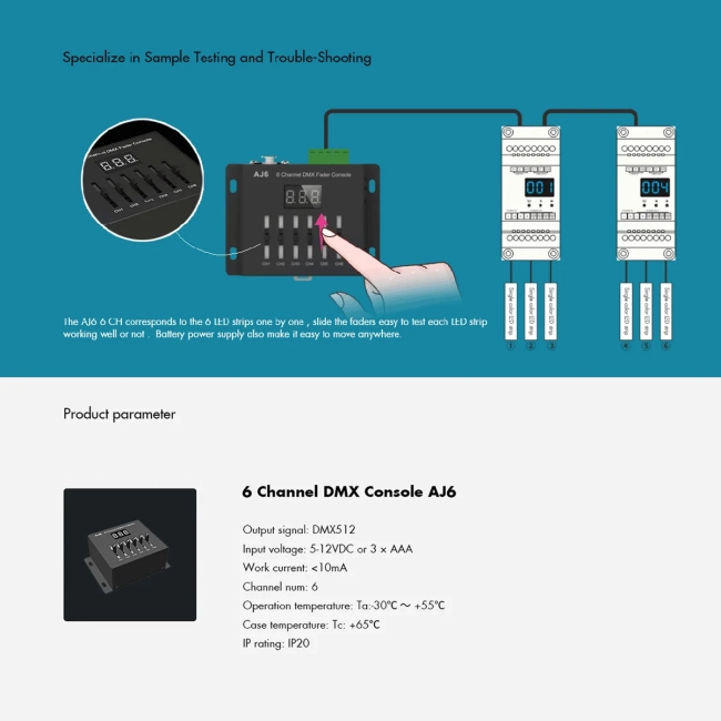 70675 AJ6 SKYDANCE DMX 6 Channel Fader Console - Κονσόλα Φωτισμού 6 Καναλιών DMX DC 5-12V ή 3 x AAA Μπαταρίες - IP20 Μ10 x Π7 x Υ4cm - 5 Years Warranty - 16