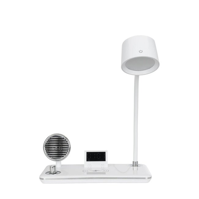 OLDY 76557 Μοντέρνο Επιτραπέζιο Φωτιστικό Γραφείου με Ασύρματη Φόρτιση 15W 3A, 5W Bluetooth Ηχείο & Ψηφιακό Ρολόι LED 3W 300lm 120° DC 5V με USB-C IP20 Ρυθμιζόμενο Λευκό CCT με Αφή 2700K/4500K/6000K Dimmable - Sanan SMD Chip - Λευκό - Μ13 x Π25 x Υ38cm - 2 Χρόνια Εγγύηση