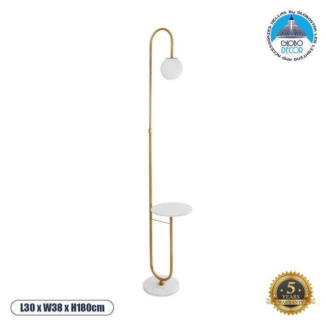 CORDELIA 02025 Μοντέρνο Επιδαπέδιο Φωτιστικό Τραπεζάκι Μονόφωτο 1 x E27 AC220-240V IP20 - Μ30 x Π38 x Υ180cm - Χρυσό με Λευκό Μεταλλικό & Γυάλινη Γαλακτερή Μπάλα - 5 Χρόνια Εγγύηση