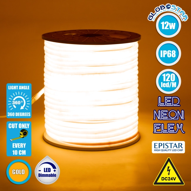 70586 TUBE 360° Degree Neon Flex Epistar LED SMD 2835 1m 12W/m 120LED/m 1212lm/m 360° DC 24V Αδιάβροχη IP68 Gold - Ultra Θερμό 2200K Dimmable