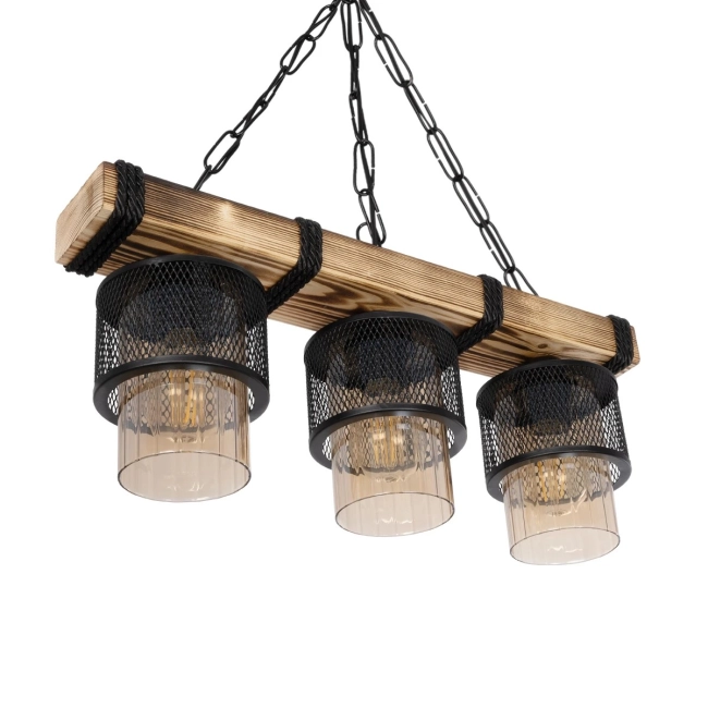 GLORA 201-0009 Vintage Κρεμαστό Φωτιστικό Ράγα Τρίφωτο 3 x E27 IP20 Μπεζ Ξύλο με Μαύρο Μέταλλο & Μελί Γυαλί - Μ50 x Π16 x Υ65cm - 5