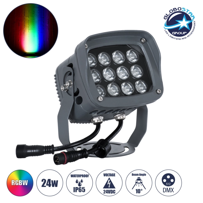  FLOODXENA 90699 Προβολέας Σποτ Wall Washer με Αντιθαμβωτική Γρίλια LED 24W 2040lm 10° DC 24V Αδιάβροχο IP65 Πολύχρωμο RGBW Dimmable DMX512 - Bridgelux SMD Chip - Γκρι Ανθρακί - Μ13 x Π11 x Υ15cm - 3 Χρόνια Εγγύηση