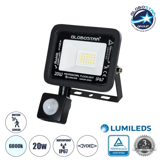  AURORA 61437 Προβολέας με Ανιχνευτή PIR / Αισθητήρα Κίνησης LED 20W 2500lm 120° AC 220-240V Αδιάβροχο IP67 Ψυχρό Λευκό 6000K - Lumileds SMD Chip - TÜV Rheinland Certified - Μαύρο Ματ - Μ12 x Π5 x Υ14.5cm - 3 Χρόνια Εγγύηση