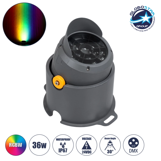 FLOOD-SIMA 90496 Κινούμενος Προβολέας - Σποτ Φωτισμού Wall Washer με Αντιθαμβωτική Γρίλια για Φωτισμό Κτιρίων LED 36W 3060lm 30° DC 24V Αδιάβροχο IP67 Μ21 x Π26 x Υ27cm RGBW DMX512 - Γκρι Ανθρακί - 3 Years Warranty