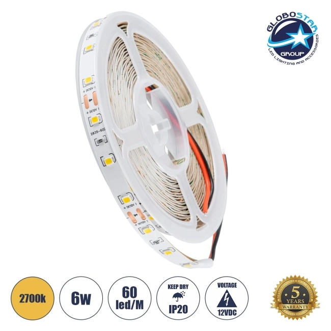 LILAC 70142 Ταινία LED 6W/m 540lm/m 120° DC 12V IP20 60 x SMD2835 Chip/m Θερμό Λευκό 2700K Dimmable - Sanan SMD Chip - Μ500 x Π0.8 x Υ0.1cm - Ρολό 5 Μέτρων - 5 Χρόνια Εγγύηση