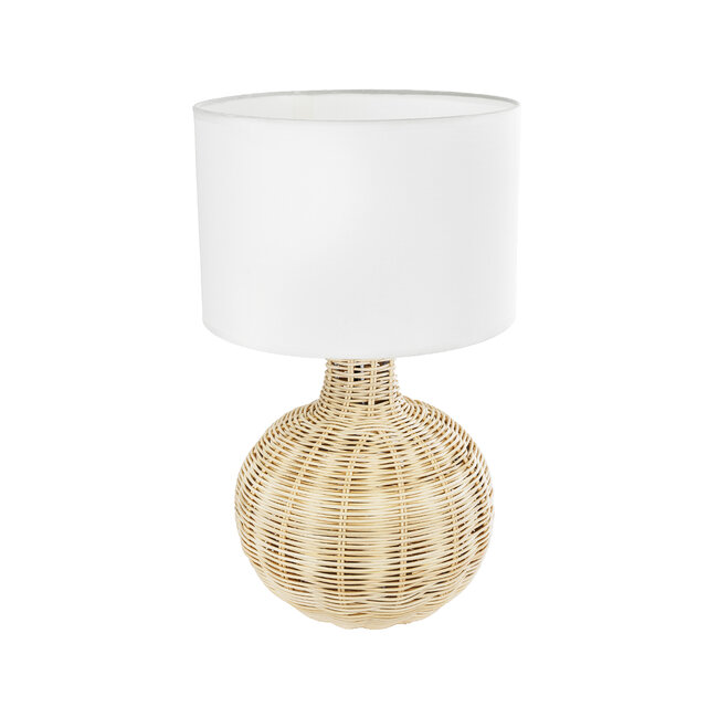 SHIZUMI 01959 Boho Επιτραπέζιο Φωτιστικό Πορτατίφ Μονόφωτο 1 x E27 AC220-240V IP20 - Φ30 x Υ50cm - Μπεζ Ξύλινο Πλέγμα με Λευκό Καπέλο - 5 Χρόνια Εγγύηση