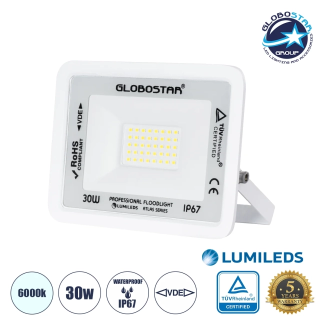  ATLAS 61413 Προβολέας LED 30W 3750lm 120° AC 220-240V Αδιάβροχο IP67 Ψυχρό Λευκό 6000K - Lumileds SMD Chip - TÜV Rheinland Certified - Λευκό Ματ - Μ16 x Π2.5 x Υ12.5cm - 5 Χρόνια Εγγύηση