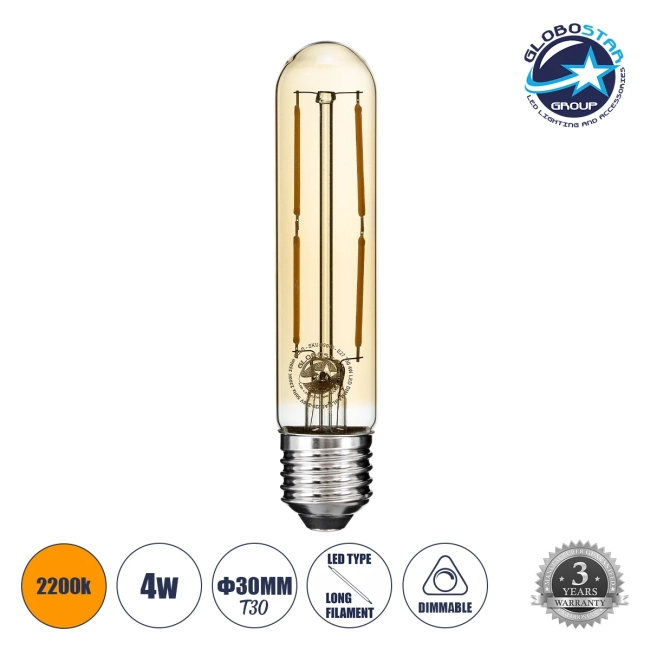 TUBIS 99049 Λάμπα Σωλήνας E27 T30 LED 4W 350lm 360° AC 220-240V IP20 Ultra Θερμό Λευκό 2200K Dimmable - Long Filament Chip - Μελί - Μ3 x Π3 x Υ13.5cm - 3 Χρόνια Εγγύηση TUBIS 99049 Λάμπα Σωλήνας E27 T30 LED 4W 350lm 360° AC 220-240V IP20 Ultra Θερμό Λευκό 2200K Dimmable - Long Filament Chip - Μελί - Μ3 x Π3 x Υ13.5cm - 3 Χρόνια Εγγύηση