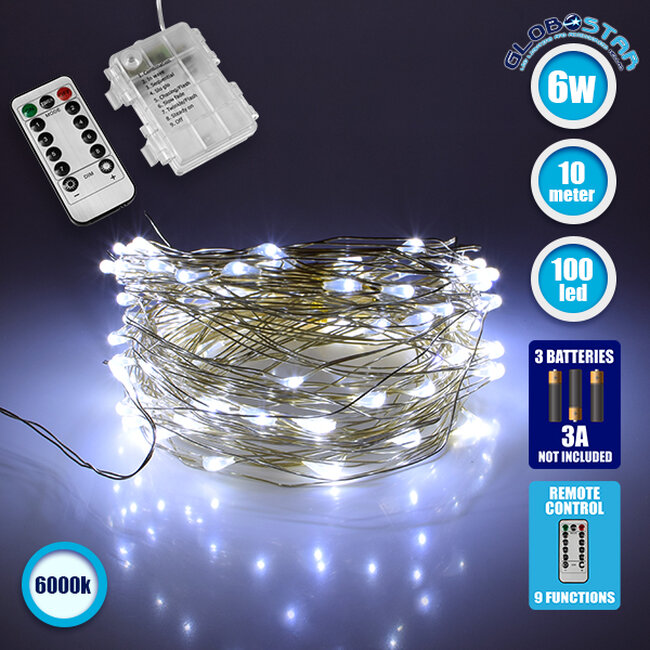 79781 Διακοσμητική Γιρλάντα Μπαταρίας 10 Μέτρων 100 LED 6 Watt με Ασημένιο Συρμάτινο Καλώδιο και Ασύρματο Χειριστήριο Ψυχρό Λευκό 6000k