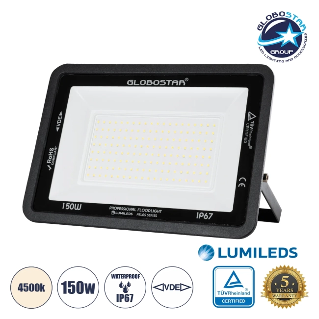  ATLAS 61429 Προβολέας LED 150W 18000lm 120° AC 220-240V Αδιάβροχο IP67 Φυσικό Λευκό Ματ 4500K - Lumileds SMD Chip - TÜV Rheinland Certified - Μαύρο Ματ - Μ32 x Π4 x Υ23cm - 5 Χρόνια Εγγύηση