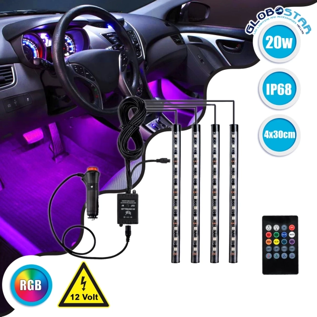 81842 Car Underglow LED Tube Kit - Κρυφός Φωτισμός Αυτοκινήτου DC 12V 20W με Χειριστήριο Αδιάβροχο IP68 Πολύχρωμο RGB