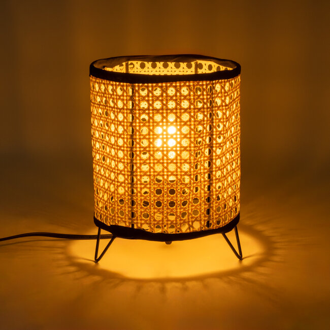 MONTE 01996 Μοντέρνο Επιτραπέζιο Φωτιστικό Πορτατίφ Μονόφωτο 1 x E27 AC220-240V IP20 - Φ16 x Υ22cm - Μαύρο Ύφασμα με Μπεζ Ξύλινο Μπαμπού Πλέγμα - 5 Χρόνια Εγγύηση