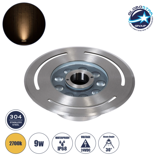 UNDERWATER-DENIS 90432 Υποβρύχιο Χωνευτό Φωτιστικό Σποτ Ειδικό για Σιντριβάνια - Πισίνες - Τζακούζι LED 9W 810lm 30° DC 24V Αδιάβροχο IP68 Φ21 x Υ7.5cm Θερμό Λευκό 2700K - Ανοξείδωτο Ατσάλι SS304 - 3 Years Warranty