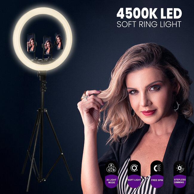 75803 Professional Digital Ring Light Φ36cm LED SMD 50W 5000lm 180° DC 5V με Καλώδιο Τροφοδοσίας USB - Ενσωματωμένο και Ασύρματο Χειριστήριο RF 2.4Ghz Εναλλαγής Χρωμάτων & 3 Βάσεις Τηλεφώνο - 10