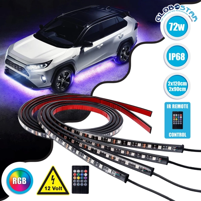UNDERBODY 81841 Κιτ Διακοσμητικού Φωτισμού Αυτοκινήτου με IR Ασύρματο Χειριστήριο LED 72W 4320lm 120° DC 12V Αδιάβροχο IP65 Πολύχρωμο RGB - 2 Τεμάχια x Μ90 x Π1.3 x Υ1.3cm & 2 Τεμάχια x Μ120 x Π1.3 x Υ1.3cm - Πακέτο 4 Τεμαχίων - 1 Χρόνο Εγγύηση