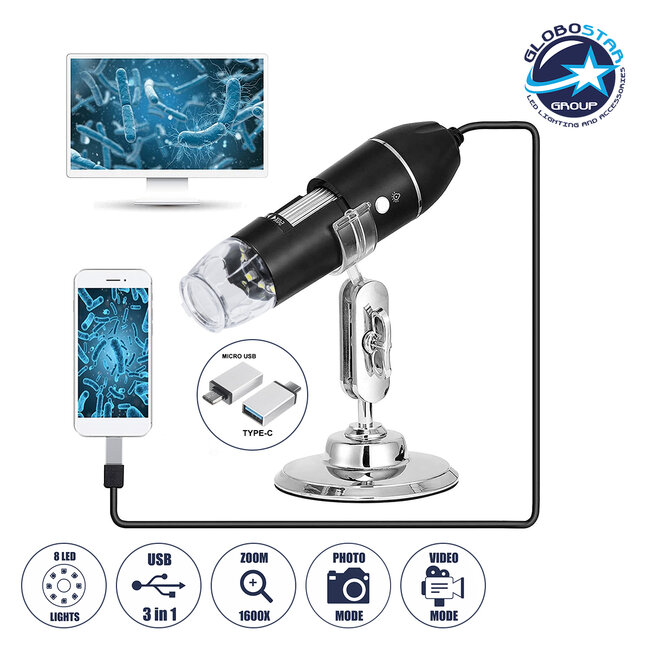 79995 Digital Electron Microscope With 8 LED - Ψηφιακό Ηλεκτρονικό Μικροσκόπιο με 8 LED USB & Type-C Adapter DC 5v x1600 Zoom Mode - Video Camera 2MP 1600x1200 Φ3.5 x Υ12cm - 1