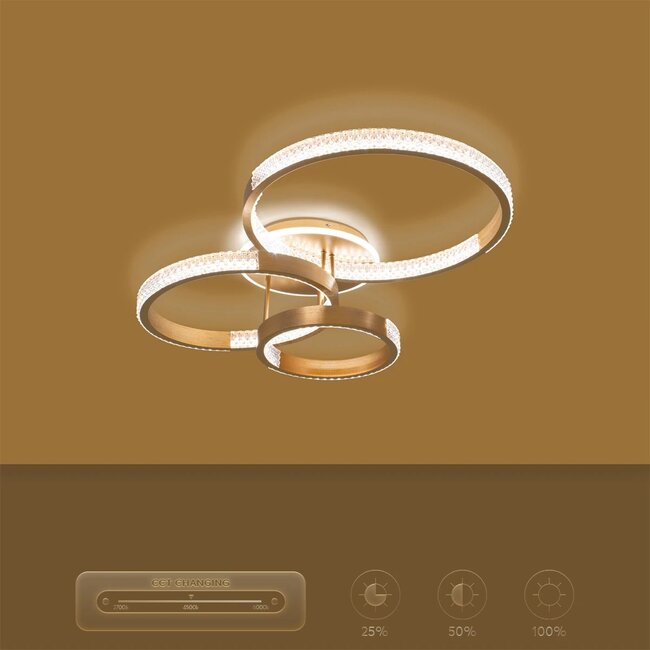 kelvo® DIAMOND KLV-101-0228 Φωτιστικό Οροφής LED 100W 10000lm 360° AC 220-240V IP20 Ρυθμιζόμενο Λευκό CCT με Χειριστήριο από 2700K έως 6000K Dimmable - Lumileds SMD Chip - Χρυσό Πλατίνα - Μ80 x Π50 x Υ20cm - 3 Χρόνια Εγγύηση - 11