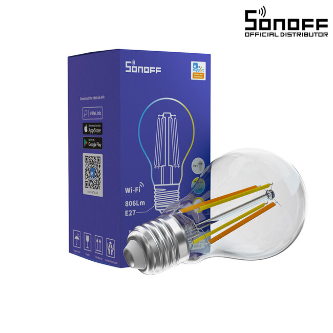 80027 SONOFF B02-F-A60-R2 - Wi-Fi Smart LED Filament Bulb E27 A60 7W 806lm AC 220-240V CCT Change from 2200K to 6500K Dimmable