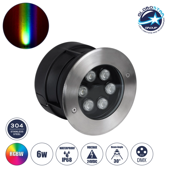 UNDERWATERYUNI 90419 Υποβρύχιο Χωνευτό Σποτ για Σιντριβάνια/Πισίνες LED 6W 600lm 30° DC 24V Αδιάβροχο IP68 Πολύχρωμο RGBW Dimmable DMX512 - Bridgelux SMD Chip - Ανοξείδωτο Ατσάλι SS304 - Μ15 x Π15 x Υ10cm / Q14cm - 3 Χρόνια Εγγύηση