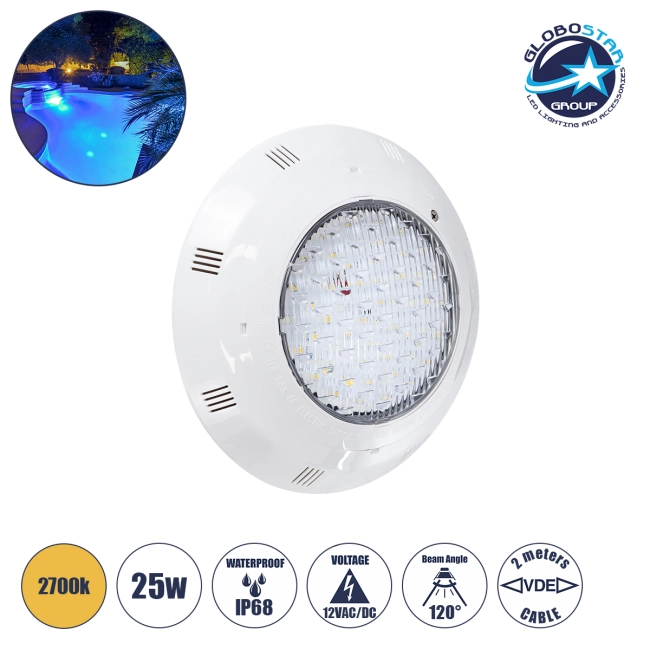 POOLETI 61540 Υποβρύχιο Φωτιστικό για Σιντριβάνια/Πισίνες LED 25W 1875lm 120° AC/DC 12V Αδιάβροχο IP68 Θερμό Λευκό 2700K Dimmable - 2m VDE Rubber Καλώδιο - Φ30 x Υ6.5cm - 3 Χρόνια Εγγύηση