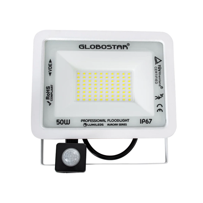  AURORA 61442 Προβολέας με Ανιχνευτή PIR / Αισθητήρα Κίνησης LED 50W 6250lm 120° AC 220-240V Αδιάβροχο IP67 Ψυχρό Λευκό 6000K - Lumileds SMD Chip - TÜV Rheinland Certified - Λευκό Ματ - Μ21 x Π5 x Υ21cm - 3 Χρόνια Εγγύηση