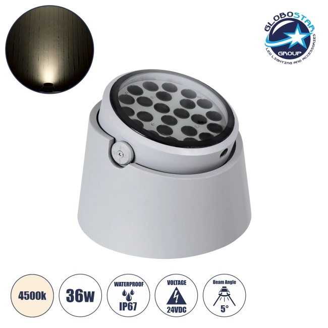 FLOOD-RANA 90490 Κινούμενος Προβολέας - Σποτ Φωτισμού Wall Washer για Φωτισμό Κτιρίων LED 36W 3420lm 5° DC 24V Αδιάβροχο IP67 Φ26.5 x Υ20cm Φυσικό Λευκό 4500K - Γκρι - 3 Years Warranty
