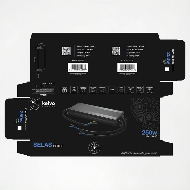 kelvo® SELAS KLV-107-0026 Τροφοδοτικό/Μετασχηματιστής Class I PELV 250W 20.8A AC 220-240V σε DC 12V Αδιάβροχο IP67 - Γκρι Ανθρακί Ματ - Μ25 x Π7.2 x Υ3.2cm - 5 Χρόνια Εγγύηση - 7