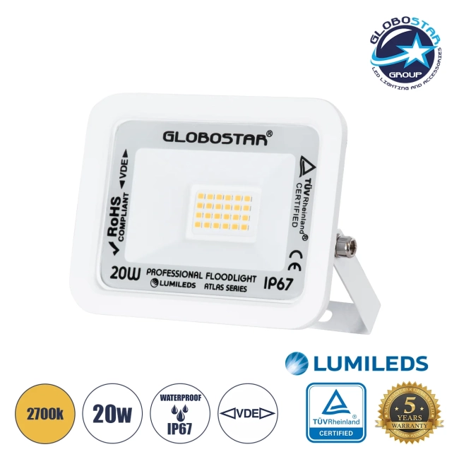  ATLAS 61409 Προβολέας LED 20W 2300lm 120° AC 220-240V Αδιάβροχο IP67 Θερμό Λευκό 2700K - Lumileds SMD Chip - TÜV Rheinland Certified - Λευκό Ματ - Μ12 x Π2.5 x Υ9.5cm - 5 Χρόνια Εγγύηση