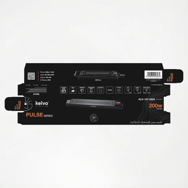 kelvo® PULSE KLV-107-0005 Ultra Slim Τροφοδοτικό/Μετασχηματιστής Class I PELV 200W 8.3A AC 220-240V σε DC 24V IP20 - Γκρι Ανθρακί Ματ - Μ28 x Π2.6 x Υ2.4cm - 5 Χρόνια Εγγύηση - 7