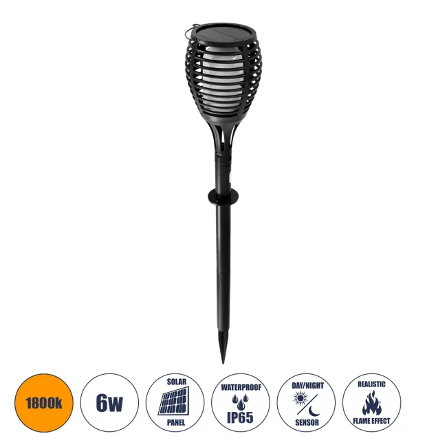 FLAME 61549 Αυτόνομο Ηλιακό Φωτιστικό LED SMD 6W 300lm με Ενσωματωμένη Μπαταρία 1200mAh - Φωτοβολταϊκό Πάνελ - Αισθητήρα Ημέρας-Νύχτας Φαναράκι Κήπου - Εφέ Φλόγας Διακοσμητικό - Αδιάβροχο IP65 - 1800K Φ10 x Υ55cm - 2 Χρόνια Εγγύηση