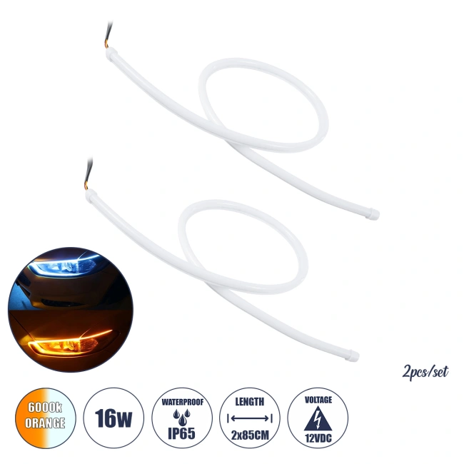 81726 Σετ 2 ΕΛΑΣΤΙΚΑ - FLEXIBLE DRL + FLASH TURN LIGHT LED CREE COB 85cm 16W 2400lm 360° DC 12V Αδιάβροχα IP65 Πορτοκαλί - Ψυχρό Λευκό 6000K - 2 Χρόνια Εγγύηση