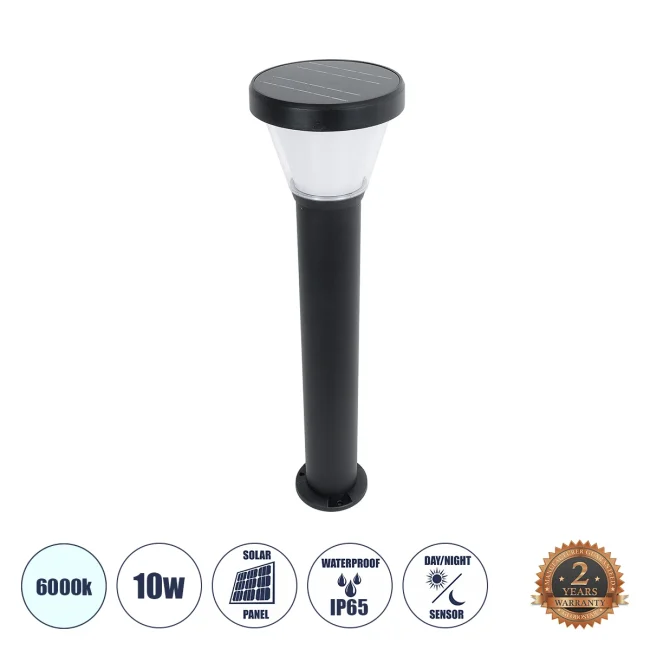 SOLARDIS 90523 LED Solar Bollard Light Κολωνάκι Κήπου Εξωτερικού Χώρου 10W 180lm 120° με Ενσωματωμένο Φωτοβολταϊκό Panel 6V 5W & Επαναφορτιζόμενη Μπαταρία Li-ion 3.2V 6000mAh με Αισθητήρα Ημέρας-Νύχτας - Αδιάβροχο IP65 Φ24 x Υ88cm Ψυχρό Λευκό 6000K