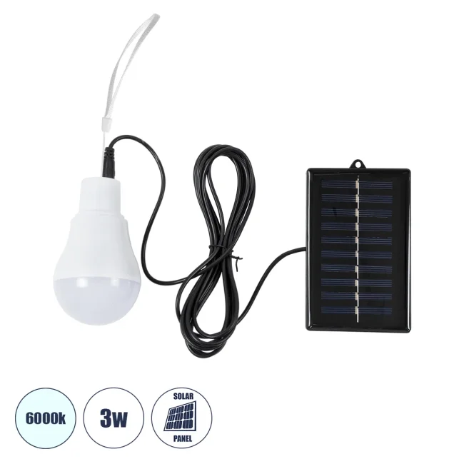 SOLAR-BULB 71502 Αυτόνομη Ηλιακή Κρεμαστή Λάμπα LED A60 Γλόμπος 3W 250lm 260° με Φωτοβολταικό Panel 5V 4W & Επαναφορτιζόμενη Μπαταρία Li-ion 3.2V 600mAh - IP54 - Ψυχρό Λευκό 6000K - Φ6 x Υ10cm - 2 Years Warranty