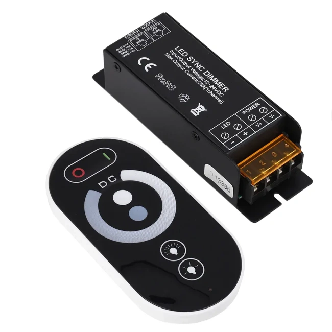 DIMMERIO 73312 Σετ Dimmer με RF Ασύρματο Χειριστήριο με 1 x 25A 600W Κανάλι DC 12-24V 25A 600W Max IP20 - RF2.4Ghz SYNC - Μ12.8 x Π4.1 x Υ3.4cm - 2 Χρόνια Εγγύηση