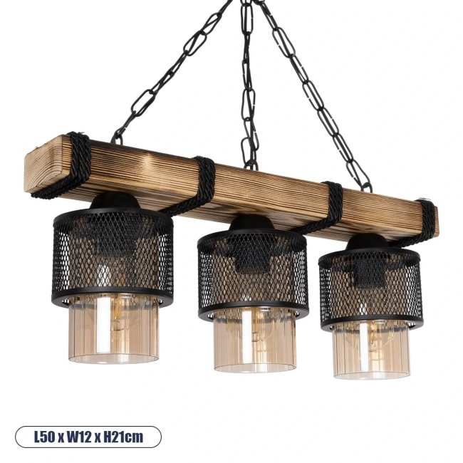 GLORA 201-0009 Vintage Κρεμαστό Φωτιστικό Ράγα Τρίφωτο 3 x E27 IP20 Μπεζ Ξύλο με Μαύρο Μέταλλο & Μελί Γυαλί - Μ50 x Π16 x Υ65cm