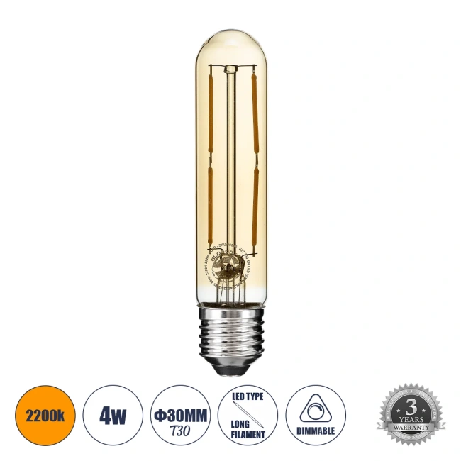 TUBIS 99049 Λάμπα Σωλήνας E27 T30 LED 4W 350lm 360° AC 220-240V IP20 Ultra Θερμό Λευκό 2200K Dimmable - Long Filament Chip - Μελί - Μ3 x Π3 x Υ13.5cm - 3 Χρόνια Εγγύηση