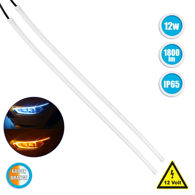 81725 Σετ 2 ΕΛΑΣΤΙΚΑ - FLEXIBLE DRL + FLASH TURN LIGHT LED CREE COB 60cm 12W 1800lm 360° DC 12V Αδιάβροχα IP65 Πορτοκαλί - Ψυχρό Λευκό 6000K