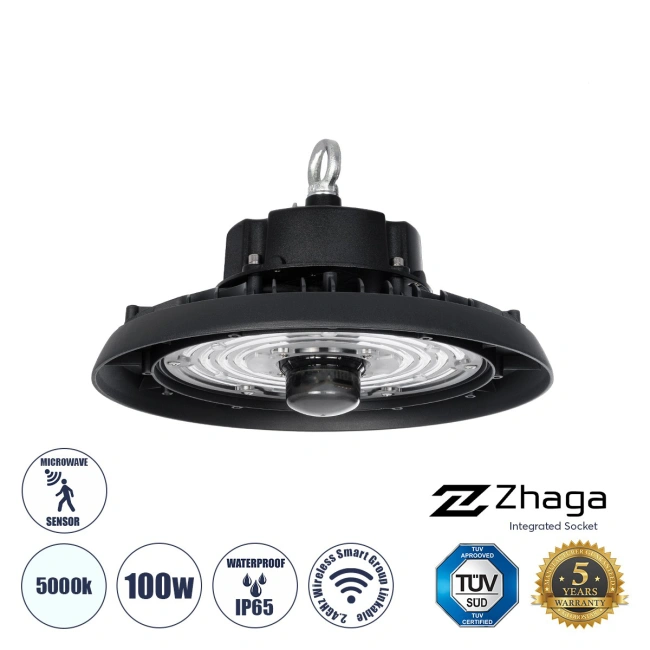 INDUSTRY 61704 Βιομηχανικό Φωτιστικό Καμπάνα High Bay UFO Τεχνολογίας Smart Group Linkable Control System 2.4Ghz με Αισθητήρα Κίνησης Microwave LED 100W 15000lm SDCM<5 90° AC 85-265V Αδιάβροχο IP65 IK08 Μαύρο Χυτό Αλουμίνιο - Φυσικό Λευκό 5000K - 175 x Sanan Opto SMD Chip & TÜV SÜD Driver
