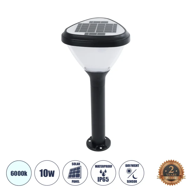 SOLARMIS 90521 LED Solar Bollard Light Κολωνάκι Κήπου Εξωτερικού Χώρου 10W 180lm 120° με Ενσωματωμένο Φωτοβολταϊκό Panel 6V 5W & Επαναφορτιζόμενη Μπαταρία Li-ion 3.2V 6000mAh με Αισθητήρα Ημέρας-Νύχτας - Αδιάβροχο IP65 Φ26 x Υ60cm Ψυχρό Λευκό 6000K