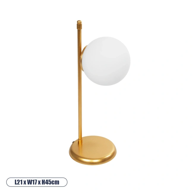 GLOBUS 203-0182 Μοντέρνο Επιτραπέζιο Φωτιστικό Μονόφωτο 1 x E27 IP20 Χρυσο Μέταλλο με Γαλακτερή Γυάλινη Μπάλα- Μ21 x Π16.5 x Υ45cm