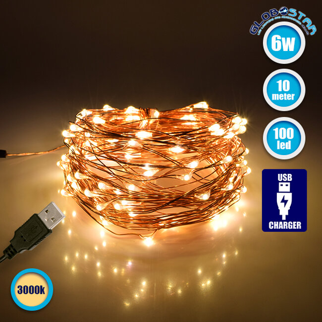 79722 Διακοσμητική Γιρλάντα 10 Μέτρων 100 LED USB 5 Volt 6 Watt με Χάλκινο Συρμάτινο Καλώδιο Θερμό Λευκό 3000k