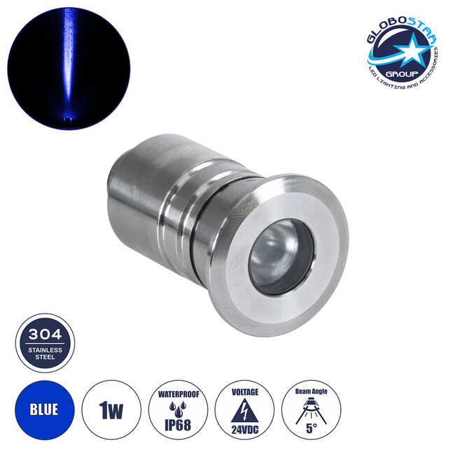 UNDERWATERDANI 90413 Υποβρύχιο Χωνευτό Σποτ για Σιντριβάνια/Πισίνες LED 1W 80lm 5° DC 24V Αδιάβροχο IP68 Μπλε Dimmable - Bridgelux SMD Chip - Ανοξείδωτο Ατσάλι SS304 - Μ3 x Π3 x Υ5cm / Q2.5cm - 3 Χρόνια Εγγύηση