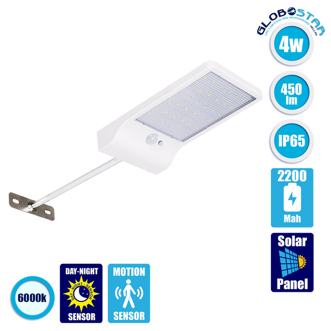 71467 Αυτόνομο Ηλιακό Φωτιστικό Τοίχου Λευκό LED SMD 4W 550lm με Ενσωματωμένη Μπαταρία 2200mAh - Φωτοβολταϊκό Πάνελ - Βάση Στήριξης - Αισθητήρα Ημέρας-Νύχτας PIR Αισθητήρα Κίνησης Αδιάβροχο IP65 Ψυχρό Λευκό 6000K