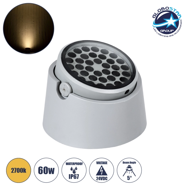 FLOODRANA 90491 Κινούμενος Προβολέας Σποτ Wall Washer LED 60W 5400lm 5° DC 24V Αδιάβροχο IP67 Θερμό Λευκό 2700K Dimmable - Bridgelux SMD Chip - Γκρι - Μ30 x Π30 x Υ21cm - 3 Χρόνια Εγγύηση