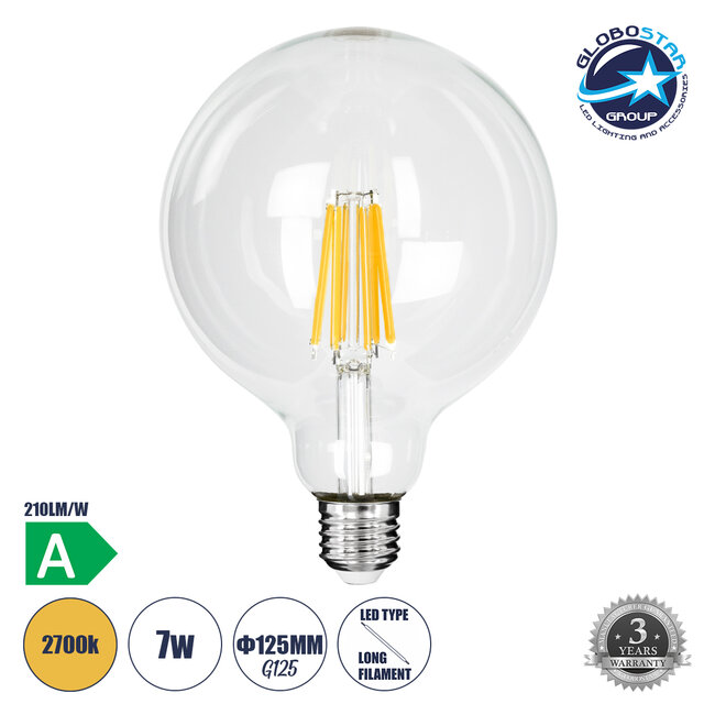 99089 Λάμπα LED Long Filament E27 G125 Γλόμπος 7W 1470lm 360° AC 220-240V IP20 Φ12.5 x Υ13.8cm Θερμό Λευκό 2700K με Διάφανο Γυαλί - Pro Series 210lm/W - A Ενεργειακή Κλάση - 3 Χρόνια Εγγύηση