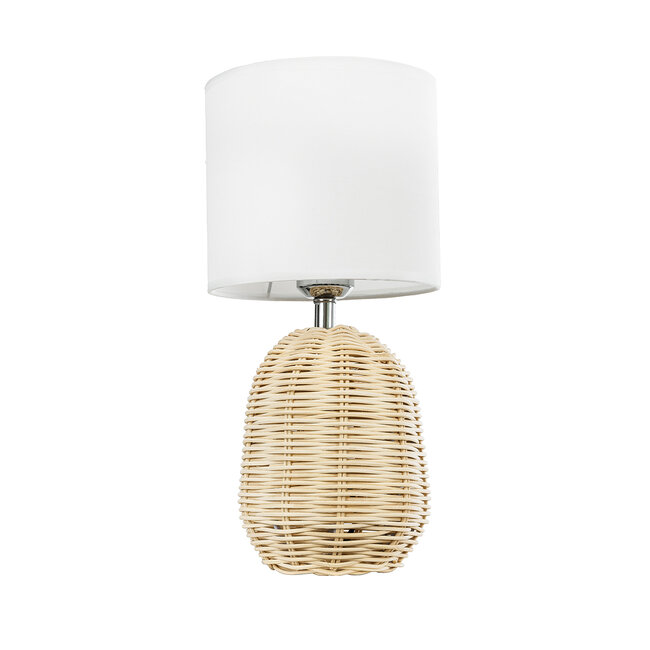 HASUMI 01958 Boho Επιτραπέζιο Φωτιστικό Πορτατίφ Μονόφωτο 1 x E27 AC220-240V IP20 - Φ18 x Υ36cm - Μπεζ Ξύλινο Πλέγμα με Λευκό Καπέλο - 5 Χρόνια Εγγύηση - 4