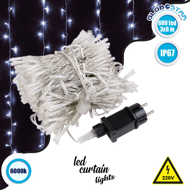 85831 Διακοσμητική Κουρτίνα 3 x 6 Μέτρα με Controller 8 Προγραμμάτων Εναλλαγών Φωτισμού - Επεκτεινόμενη 600 LED 16W AC 230V με Διάφανο Καλώδιο & Πρίζα Schuko Αδιάβροχη IP67 Ψυχρό Λευκό 6000K Μ3 x Υ6m