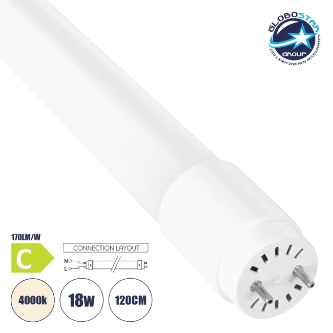  TUBOR 99113 Λάμπα T8 G13 Τύπου Φθορίου 120cm LED 18W 3060lm 300° AC 220-240V IP20 Φυσικό Λευκό 4500K - Lumileds SMD Chip - Λευκό Γαλακτερό - Μ120 x Π2.6 x Υ2.6cm - 3 Χρόνια Εγγύηση